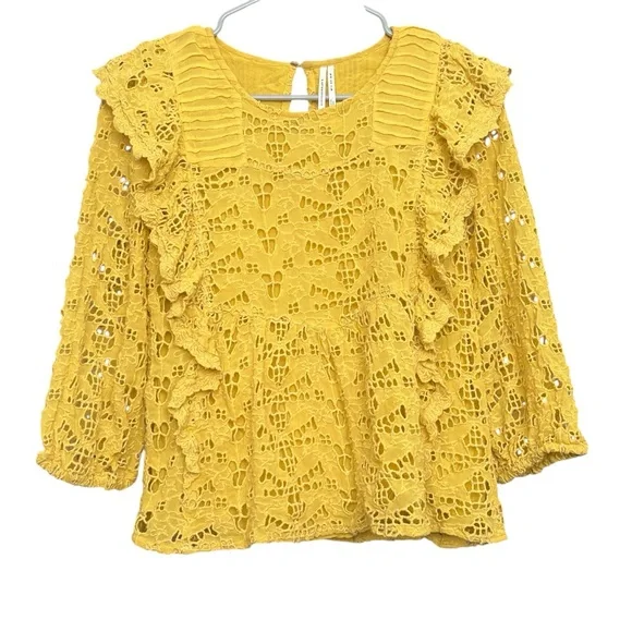 Anthropologie Clementine Peasant Blouse SZ 6 Yellow Eyelet Ruffles Boho Hipster - Picture 3 of 11